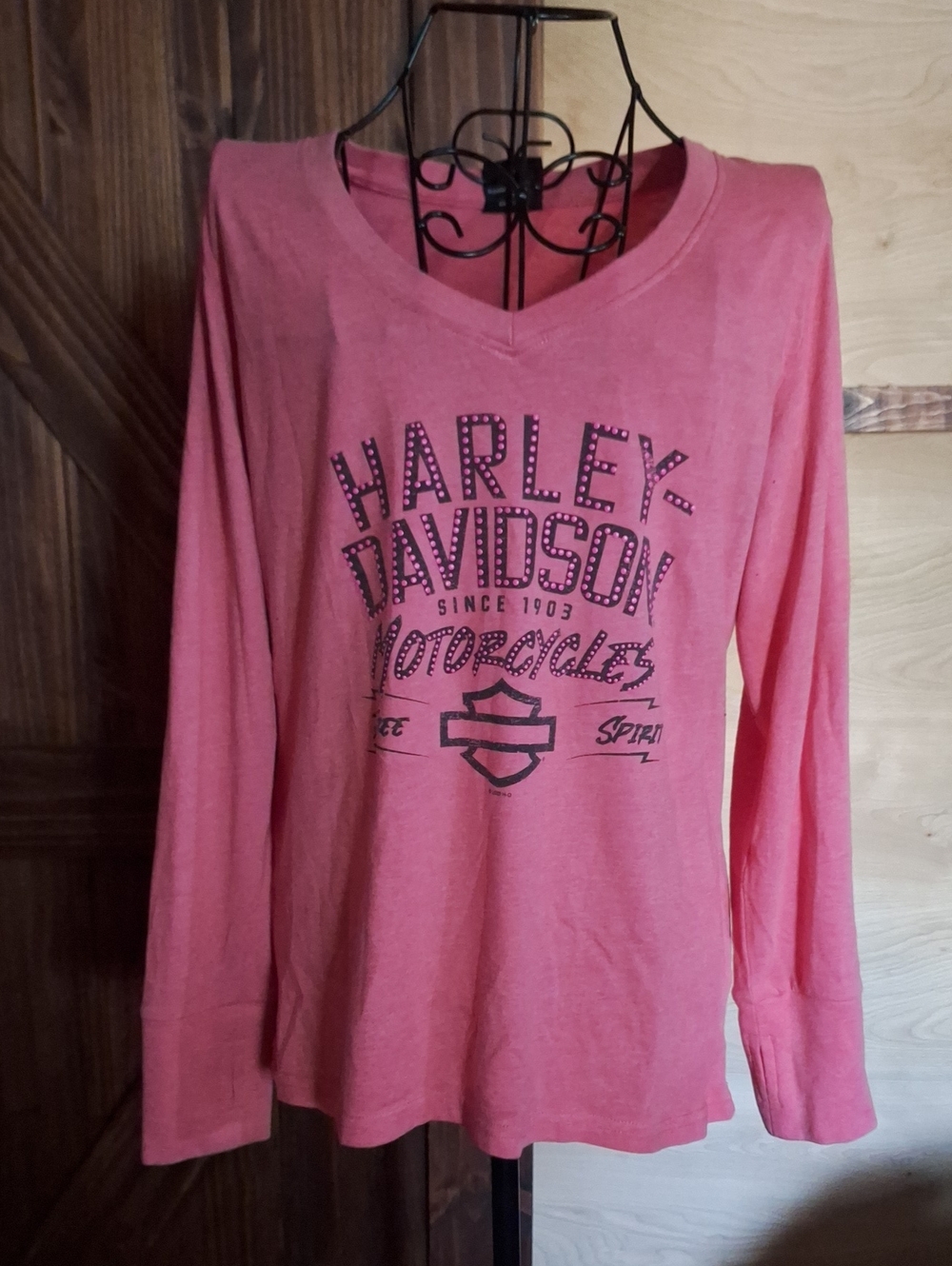 Harley-Davidson Women's Coral-Pink Long Sleeve V-Neck Tee